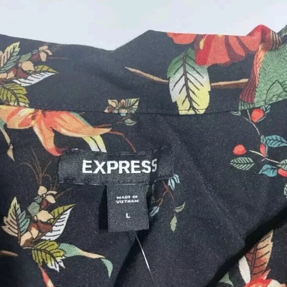 EXPRESS Mens Large Tropical Birds Camp Button Up SS Shirt Black NWT - Picture 5 of 6